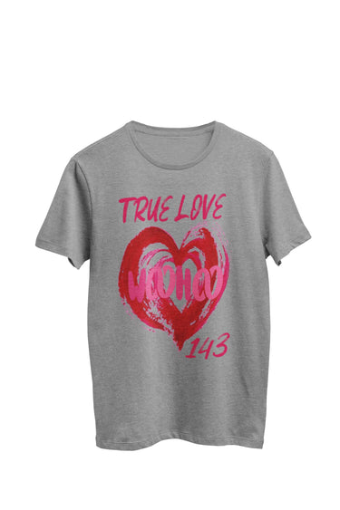 Gray heather unisex t-shirt featuring the texts 'True Love', '143', and 'woohoo' written on an artsy heart. Designed by WooHoo Apparel.